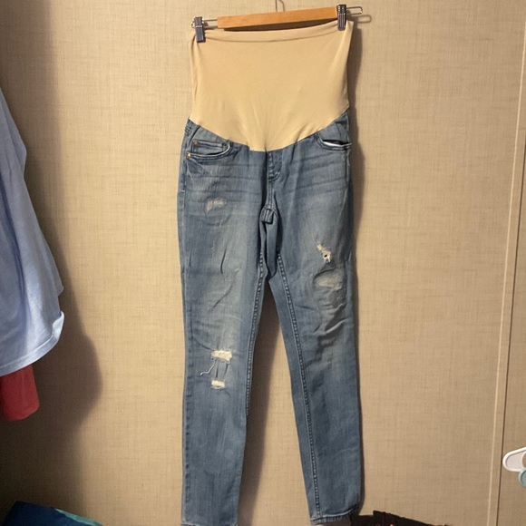 Indigo Blue Skinny Jeans with Tan Waistband - Picture 1 of 5